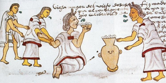 Anciana bebiendo pulque servido en un cajete. Códice Mendocino. f. 71r